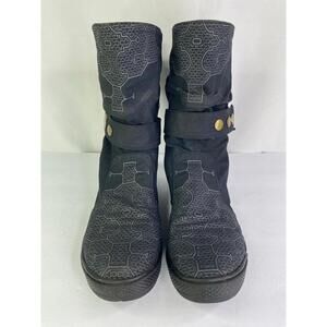 Black Patterned Mid-Calf Ankle Boots with Stud Strap